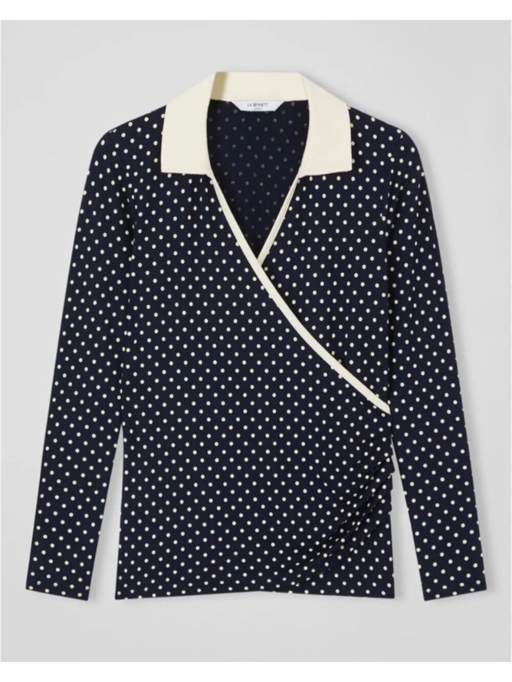 LK Bennett Womens Sz M Navy Polka Dot Wrap Top / Cream Trim Collar Long Sleeve